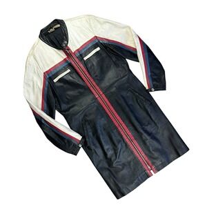 Rare Vtg Striped Moto Cafe Racer Long Leather Trench Coat Women 16 Black Biker